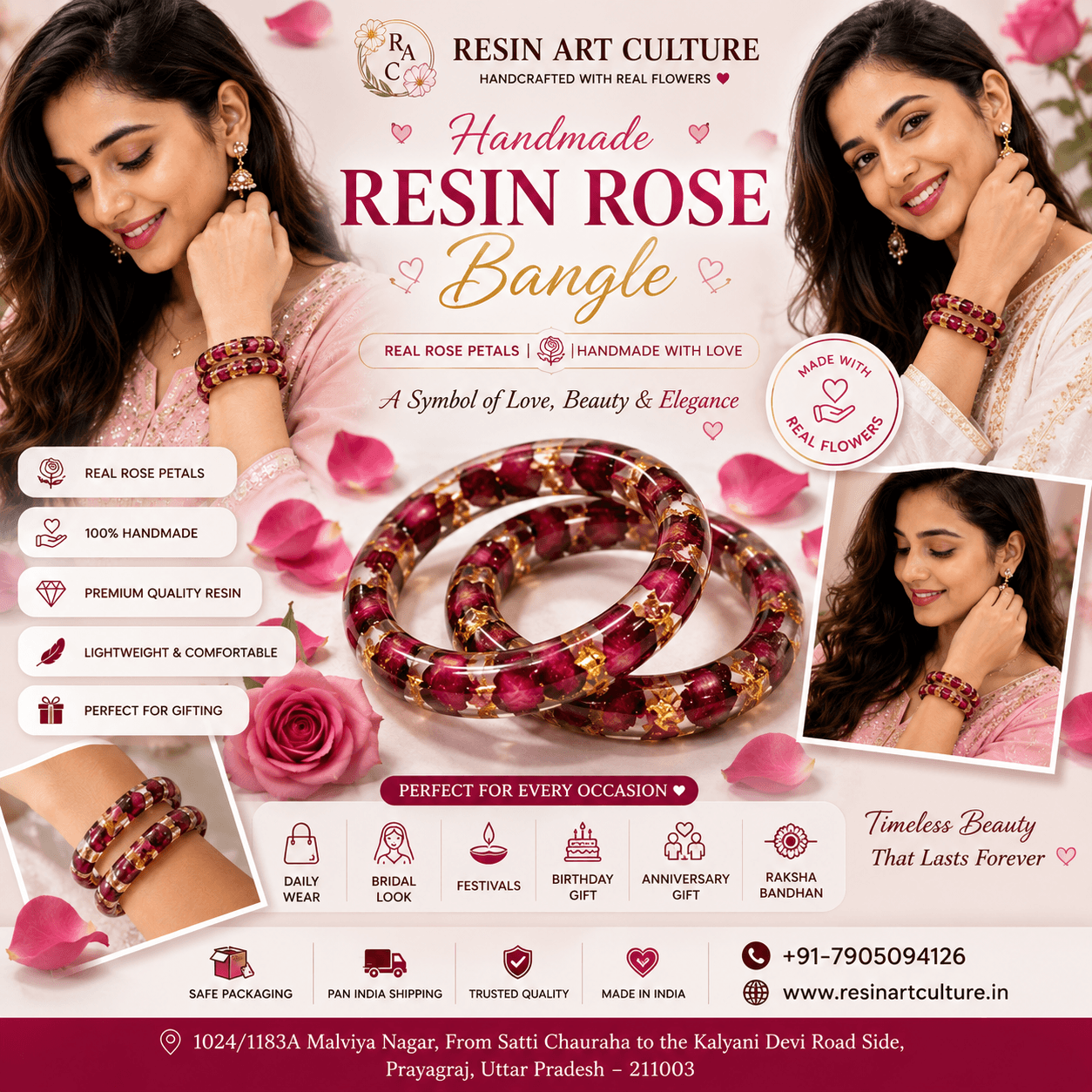 Resin Rose Bangles Handcrafted Floral Elegance Size 2-4 Per Pair 